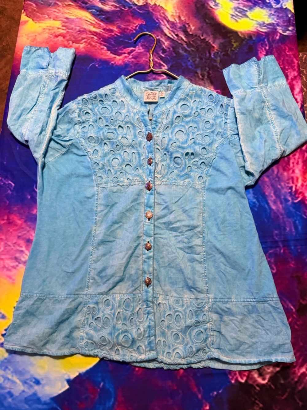 Parsley & Sage Light Blue  Green Eyelet Button-Down Shirt
